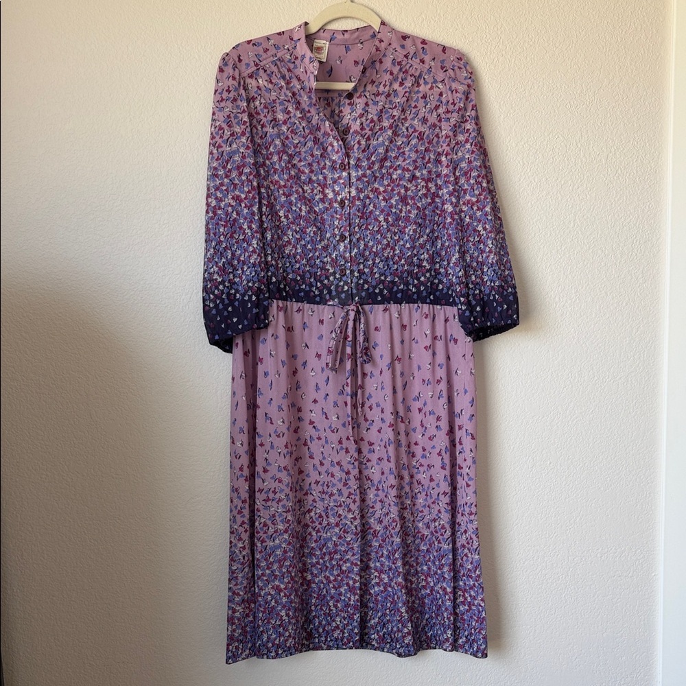 Vintage ILGWU Union Made Lavender Floral Button Front Midi Dress USA Sz 14
